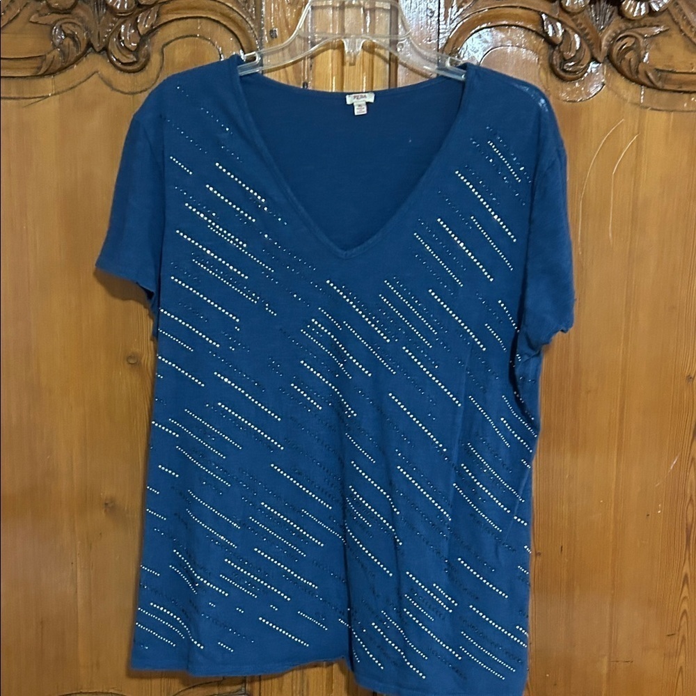 Reba V-neck Blue Embellished Short Sleeve Tee.  XL